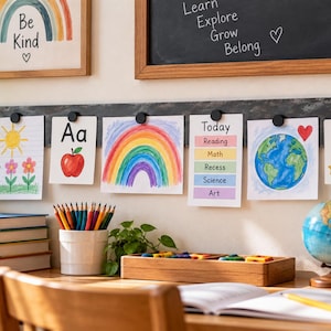 May include: A dark metal wall-mounted display rail with six black magnetic clips holding educational cards featuring a sun, an apple, a rainbow, a daily schedule, a globe, and the number three, positioned above a desk with books and a globe.