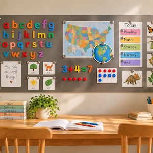 May include: A large magnetic wall board featuring colorful alphabet letters, a map of the United States, a globe, math equations, a ten-frame with red and blue counters, and educational cards depicting a butterfly, tree, fox, sun, leaf, and dinosaur.