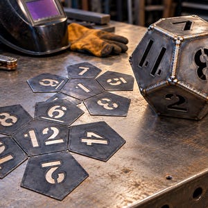 May include: A metal icosahedron die featuring cut-out numbers and visible welded seams, accompanied by several flat, pentagonal metal plates with cut-out numbers arranged in a cluster on a workbench surface.