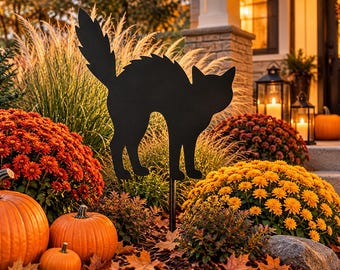 Black Cat Garden Stake, Metal Halloween Yard Decor, Spooky Cat Yard Art