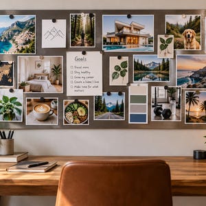 May include: A large rectangular metal magnetic vision board mounted on a wall, covered with various photographs, illustrations, and a central note titled Goals with a checklist. The board is positioned above a wooden desk with office supplies.