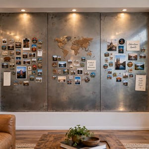 Puede incluir: Tres grandes paneles verticales de metal cepillado montados en una pared, que funcionan como un tablero magnético. Los paneles cuentan con un mapa mundial de madera, numerosas fotografías pequeñas, postales y notas con texto.