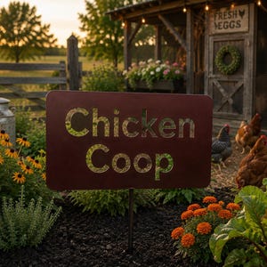 May include: A rectangular dark brown metal sign featuring the cut-out text Chicken Coop in a bold font. The sign is mounted on a thin metal stake and positioned in a garden bed with orange flowers, green plants, and a wooden chicken coop behind.
