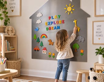 House Magnetic Play Wall for Kids, Steel Activity Board for Playroom