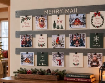 Merry Mail Christmas Card Holder, Magnetic Steel Wall Display Rails