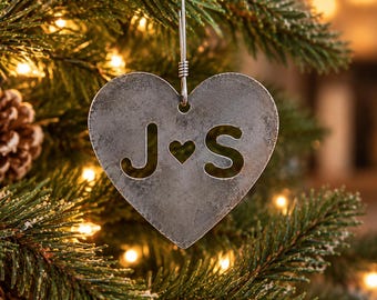 Personalized 11th Anniversary Steel Ornament, Initial Heart Gift for Husband or Wife