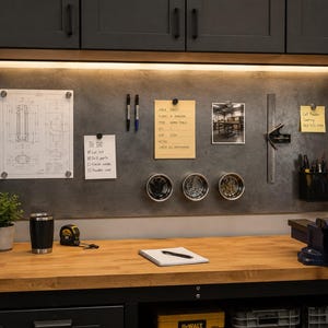 Op de afbeelding: Een rechthoekig donkergrijs magnetisch gereedschapsbord voor aan de muur met een technische tekening, een to-do lijst, een geel briefje, een foto, een metalen winkelhaak, drie ronde magnetische bakjes en een zwarte pennenhouder.