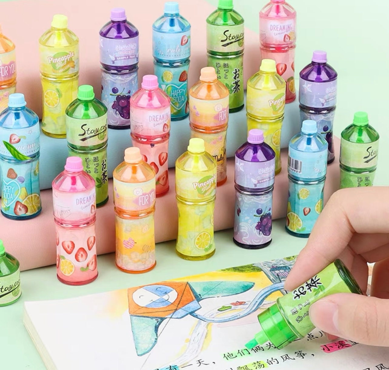 Highlighters. 6 Colours. Bottles of Drinks. Cute Little Pens. Etsy UK