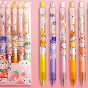 Stylos gel noirs Kawaii Farm Girl 0,5 mm rétractables. Pack de 6. Cadeaux de papeterie mignons