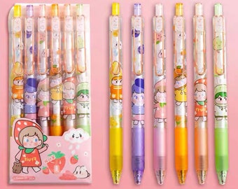 Kawaii Farm Girl Black Gel pens 0.5mm Retractable. Pack of 6. Cute Stationery Gifts