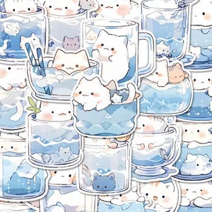 Kitten and Drinks Stickers 48pcs. Cute Cartoon. Scrapbooking Gifts Embellishment