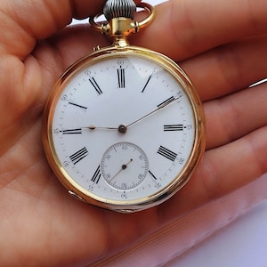 19th century 18k Solid Yellow Gold Pocket Watch Swiss movement Vintage Year 1880 Case 48mm Antique Open Face