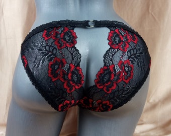 Sexy slipje met open rug, zwart en rood kanten slipje, erotisch ondergoed, open slipje, slipje zonder kruis, lingerie met minimale dekking, ondeugend