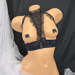 Sexy Sheer Mesh Halter Lingerie Top with Ruffle Trim and Satin Bow – Black Open Bust Bralette
