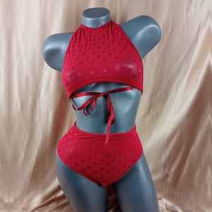 Set di lingerie romantica trasparente a pois rossi con reggiseno e mutandine per donna, disponibile in diversi colori e taglie
