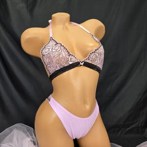 Peony Pink Sheer Lace Halter Bralette and Panties, Handmade Two-Piece Lingerie