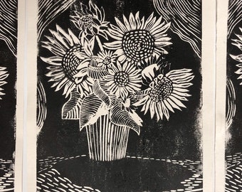 Linocut Sunflowers Art Gift Print
