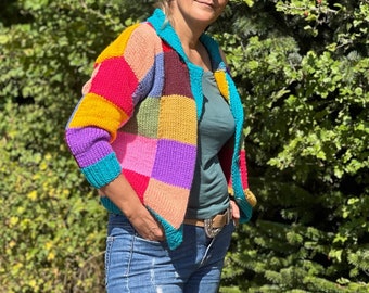 Colorful Knit Cardigan, Knitted  Afghan Cardigan, Colorful Crochet Jacket, Handmade Cardigan, Knit Patchwork Cardigan, Hand Knit Coat