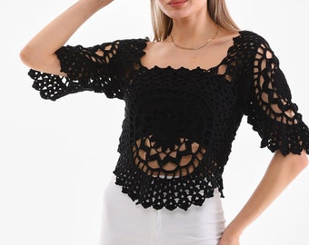 Oma vierkante gehaakte blouse, gehaakte crop top, oma vierkante crop top, gebreide crop top, cadeau voor haar