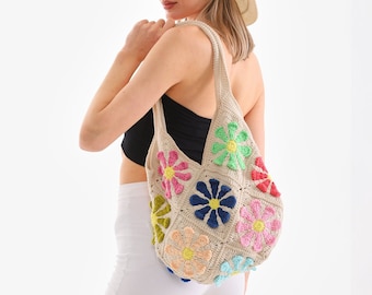 Crochet Daisy Tote Bag, Crochet Flower Tote Bag, Granny Square Flowers Tote Bag, Crochet Shoulder Bag, Mother's Day Gift