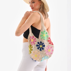 Crochet Daisy Tote Bag, Crochet Flower Tote Bag, Granny Square Flowers Tote Bag, Crochet Shoulder Bag, Mother&#39;s Day Gift