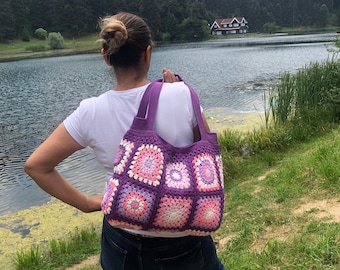 Crochet Bag, Granny Square Bag, Colorful Knittingbag,Shoulder bag, Bohemianstyle, Handmade Bag,Colorful Crochet Afghan Bag, Crochet Tote Bag