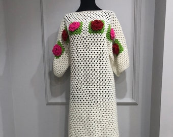 Jumbo Rose Crochet Dress, White Crochet Dress, Handknitted Dress, Granny Square Dress, Crochet Midi Dress, Hippie Dress, Summer Dress