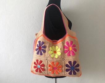 Crochet Daisy Bag, Granny Square Flowers Bag, Flower Tote Bag, Crochet Shoulder Bag, Crochet Hobo Bag, Colorful Crochet Afghan Bag