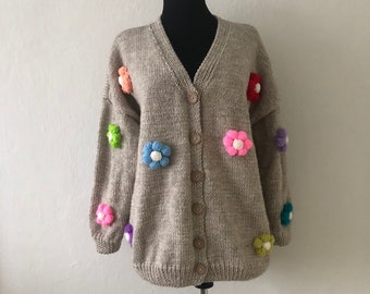 Sunflower Knit Cardigan, Knitted Granny Square Afghan Cardigan, Floral Cardigan, Colorful Crochet Jacket, Hand Knit Daisy Sweater