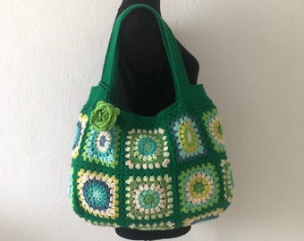 Green Granny Square Crocheted Shoulder Bag, Afghan Tote Bag