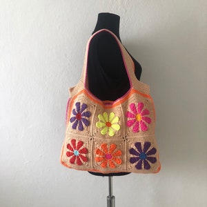 Crochet Daisy Bag, Granny Square Flowers Bag, Flower Tote Bag, Crochet Shoulder Bag, Crochet Hobo Bag, Colorful Crochet Afghan Bag