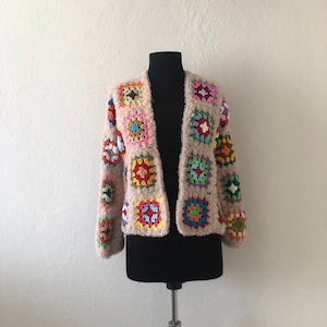 Granny Square Knit Fur Cardigan, Crochet Cardigan,Knitted Cardigan, Handmade Crochet Coat, Crochet Festival Jacket