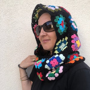Crochet Black Balaclava, Granny Square Balaclava, Rainbow Crochet Balaclava, Crochet Balaclava Hat, Oversize Balaclava, Knitted Balaclava