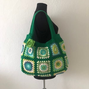 Green Granny Square Crocheted Shoulder Bag, Afghan Tote Bag