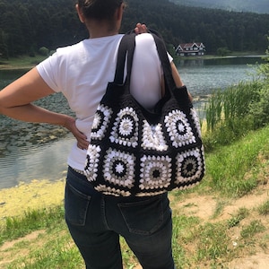 Black Crochet Tote Bag, Crochet Hobo Bag, Granny Square Bag, Crochet Shoulder Bag, Crochet Afghan Bag, Vintage Knitting Bag