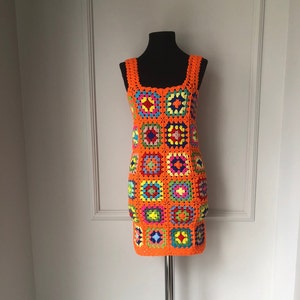 Crochet Mini Dress, Granny Square Dress, Knit Orange Dress, Crochet Colorful Dress, Hakel Kleid, Vestido Crochet, Robe en Crochet