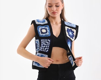 Crochet Granny Square Vest, Hand Knitted Sweater Vest, Knitted Patchwork Waistcoat