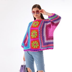 Oversize Crochet Rose Sweater, Granny Square Sweater, Crochet Rose Hexagon Sweater, Handmade Colorful Sweater, Granny Square Pullover image 1