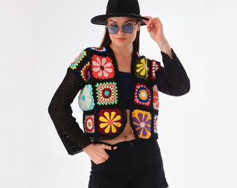 Black Flowers Cardigan, Granny Square Cardigan, Crochet Cardigan, Crochet Afghan Cardigan, Knitted Patchwork Coat, Granny Square Sweater