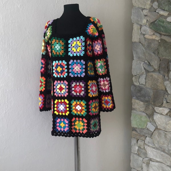 Long Sleeve Crochet Dress, Granny Square Dress, Knit Black Dress, Crochet Colorful Dress, Hakel Kleid, Vestido Crochet, Robe en Crochet