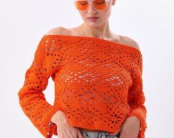 Crochet Long Sleeve Top, Hand Knitted Crop Top, Crochet Vintage Blouse, Hand Crocheted Crop