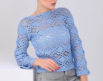 Gehaakte top met lange mouwen, handgebreide crop top, gehaakte vintage blouse, handgehaakte crop, cadeau voor haar