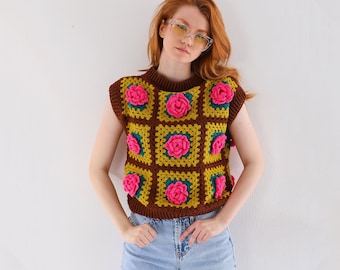 Crochet Rose Pullover, Granny Square Jumbo Rose Sweater,Granny Square Pullover