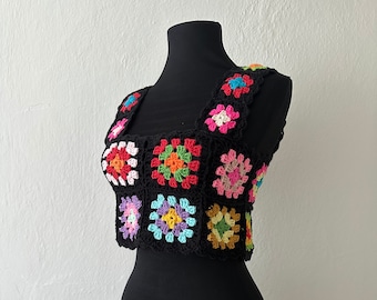 Granny Square Crochet Crop Top, Crochet Granny Square Tank Top, Crochet Halter Top, Summer Crochet Top