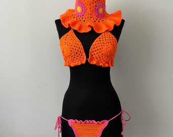 Orange Crochet Bikini Set, Crochet Halter Bikini Top, Crochet Bra Top, Crochet Underweaer, Crochet Swimsuit, Crochet Triangle Bikini Top