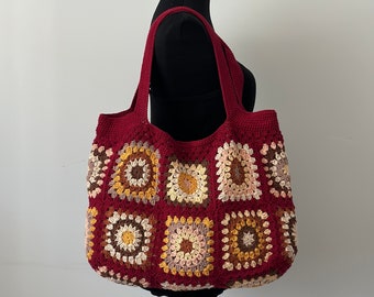 Granny Square Burgundy Bag, Crochet Afghan Bag, Crochet Tote Bag, Crochet Shoulder Bag, Birthday Gift, Gift for Her