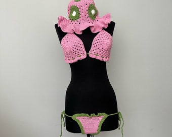 Grandma Square gehäkeltes Triangel-Bikini-Set, gehäkeltes Neckholder-Bikini-Oberteil, gehäkeltes BH-Oberteil, gehäkelte Unterwäsche, gehäkelter Bikini und Hut im Set