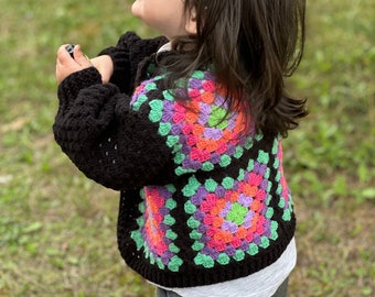 Hand Crocheted Cardigan for Kids & Babies, Granny Square Knitted Sweater for Children, Crochet Baby Clothes, Baby Winter Cardigan