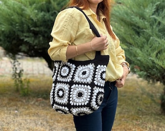 Black Crochet Tote Bag, Crochet Hobo Bag, Granny Square Bag, Crochet Shoulder Bag, Crochet Afghan Bag, Vintage Knitting Bag, Handmade Bag