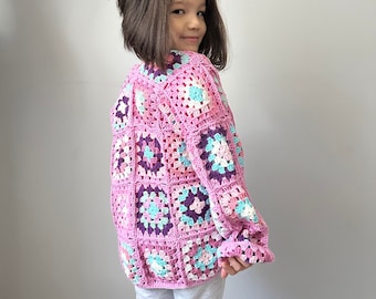 Hand Crocheted Cardigan for Kids & Babies, Granny Square Knitted Sweater for Children, Colorful Toddler Winter Clothing